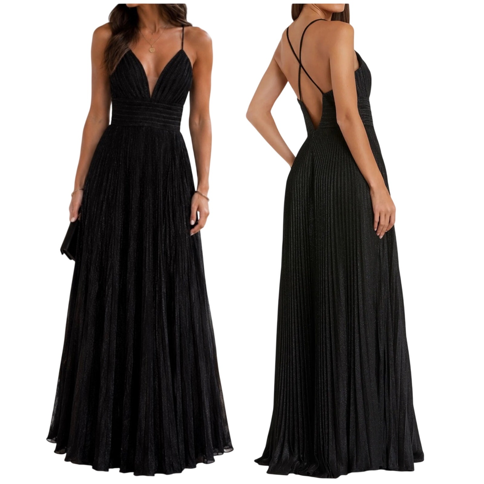 Mac Duggal Nwt Black Shimmer Pleated V-Neck Gown Size 0 Metallic Silver Glitter
